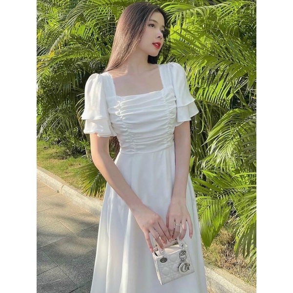 ĐẦM TRẮNG CỔ VUÔNG TAY BÈO (có ảnh thật) MS93