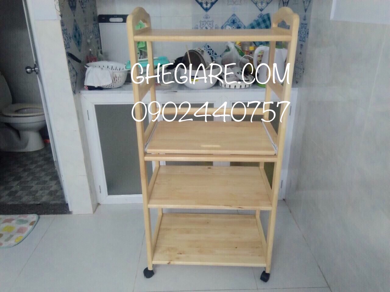 [HCM]Kệ lò vi sóng 4 tầng gỗ cao su