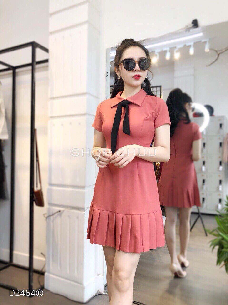 Đầm nữ suông xếp ly cổ sơ mi thắt nơ thời trang hàn quốc đ42