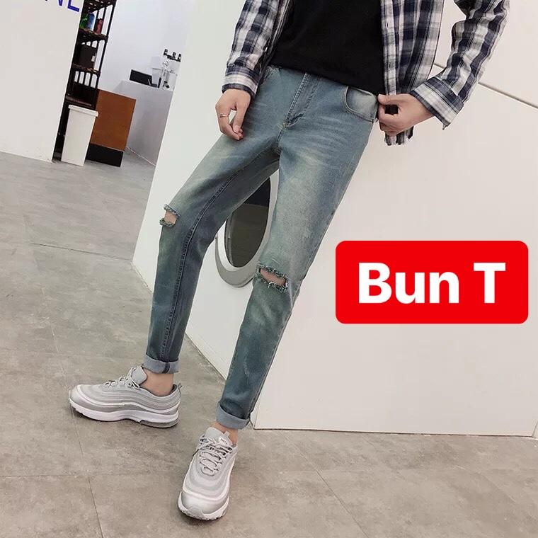 QUẦN BAGGY JEAN NAM CHẤT BÒ XANH RÁCH GỐI QUẢNG CHÂU NHẬP KHẨU CAO CẤP TT-1953 TRANG BUN FASHION