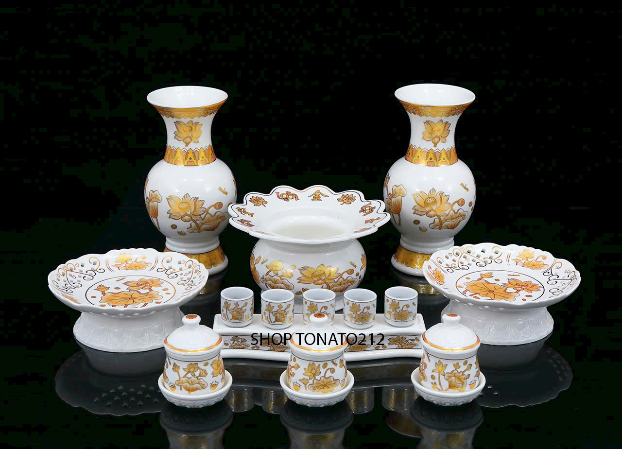 BỘ THỜ CÚNG GỐM SỨ HOA SEN VÀNG ĐỦ BỘ, ĐỦ SIZE
