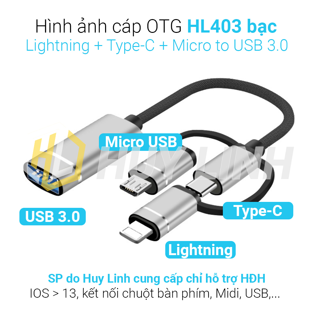 Cáp otg đa năng cho tất cả điện thoại hl405 từ cổng lightning + type-c + micro to usb 3.0 kết nối đọc dữ liệu usb, thẻ nhớ, tay cầm, bàn phím, chuột