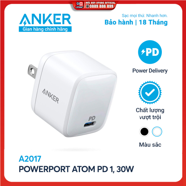 Sạc ANKER PowerPort Atom PD 1 cổng 30W [GaN Technology] - A2017 - Hỗ trợ sạc nhanh 18W cho iPhone 8 trở lên,Sạc nhanh cho iPad Pro 2018, iPad Pro 2020 và thiết bị cổng C