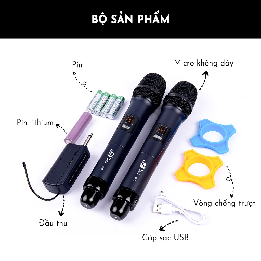 Micro không dây đa năng jsj w15 , mic hát karaoke màn hình lcd hiển thị tần số , độ nhạy cao , bắt âm chuẩn , hút giọng tốt , tích hợp dành cho loa kéo , amply , dàn karaoke gia đình , bảo hành 12 tháng