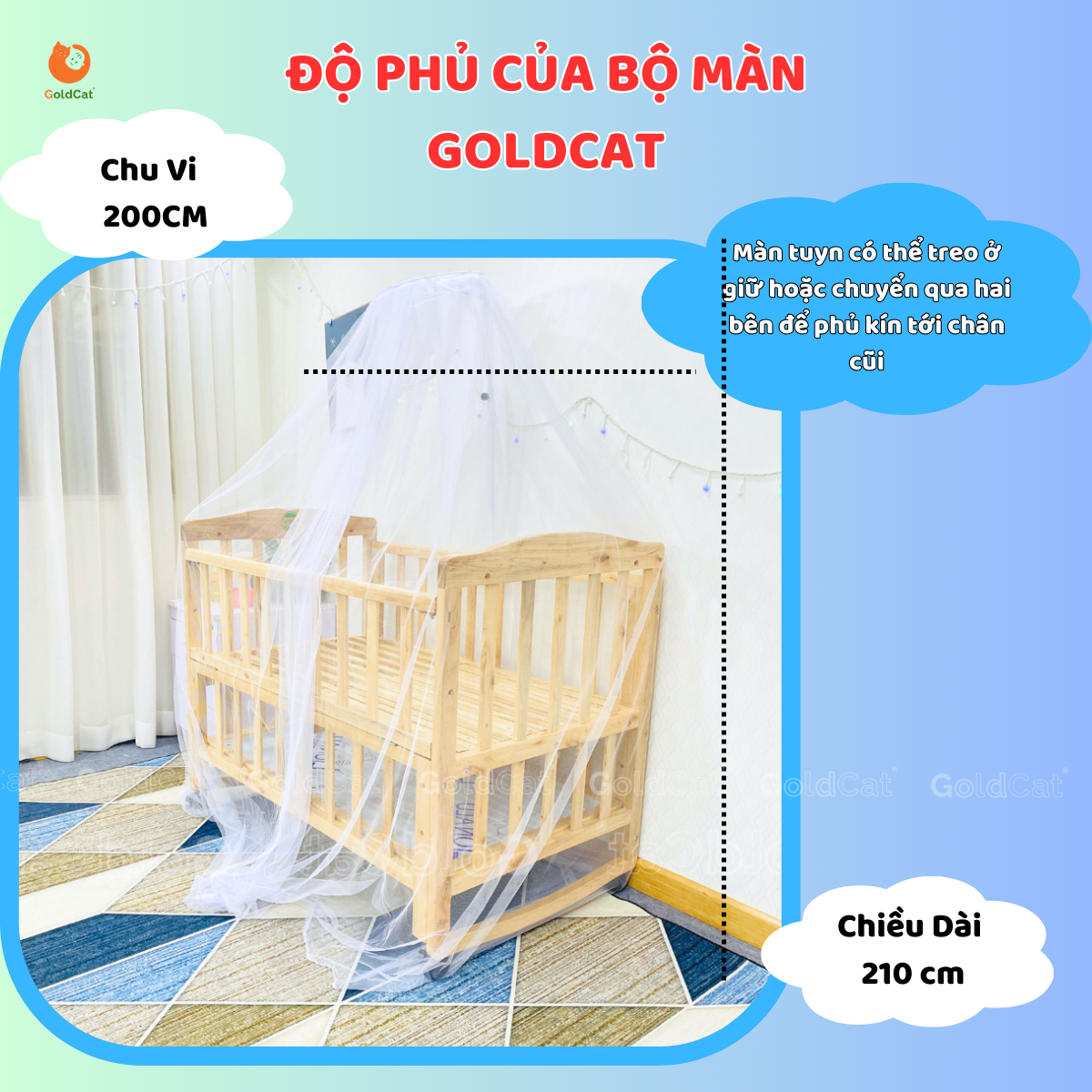 Màn cũi cho bé và cây treo Goldcat ( xanh-hồng- trắng)