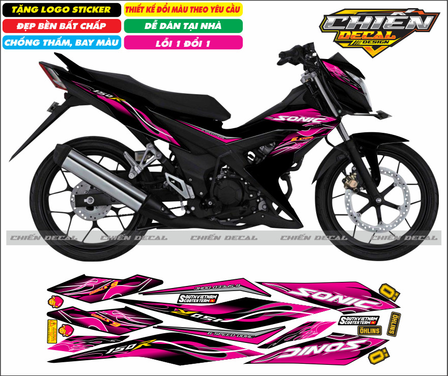 Tem rời xe sonic 150 màu đen mẫu tem lửa nhiều kiểu lựa chọn (tem 3 lớp cao cấp)