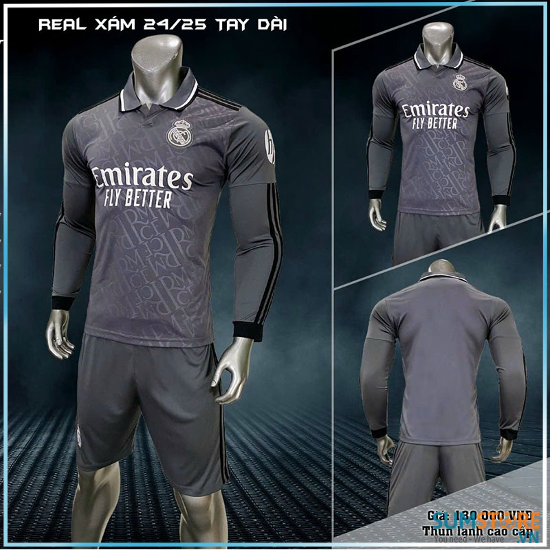 Quần Áo Thun Thể Thao Bóng Đá Nam Nữ Re-al Ma-drid XámDài Tay 2024 - Vải Thun Lạnh Cao Cấp