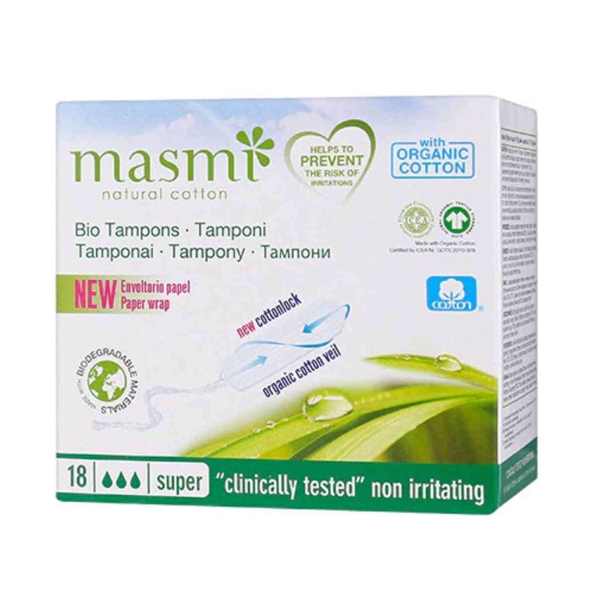 Tampon không cần đẩy 3 giọt hữu cơ (18 miếng) - Masmi