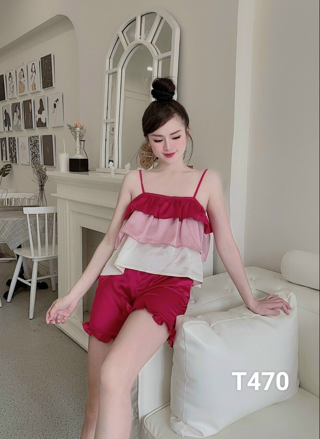 Set bộ đùi áo 2 dây xếp tầng bèo quần ngắn cực xinh, set bộ ngủ T470