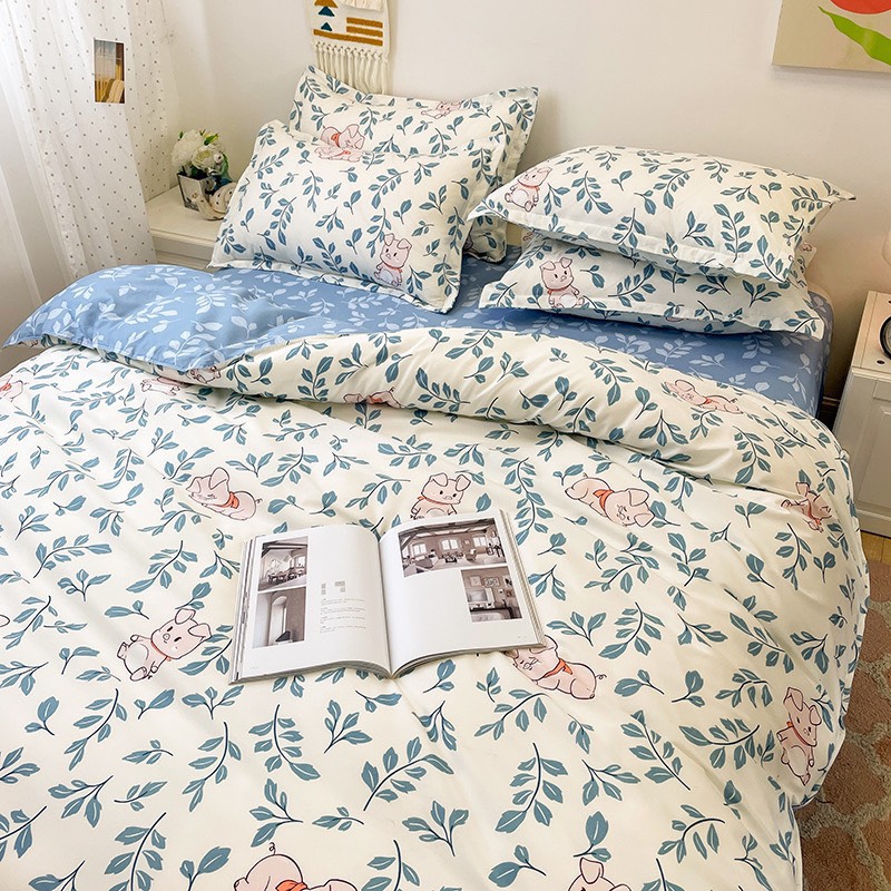 Bộ chăn ga gối cotton poly - Mẫu lá nền xanh