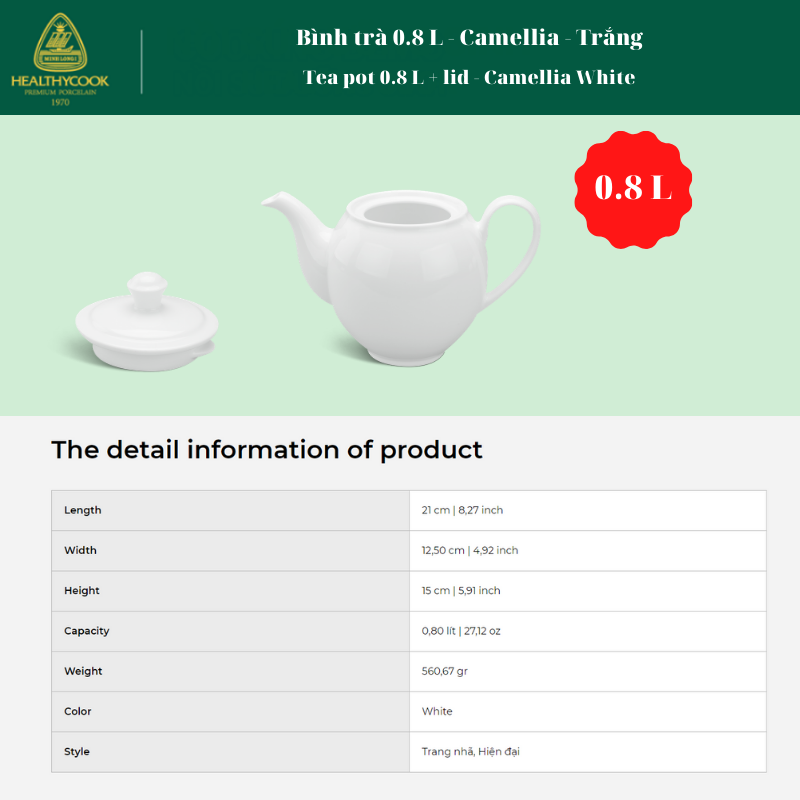 [HCM]Bình trà 0.8 L - Camellia - Trắng