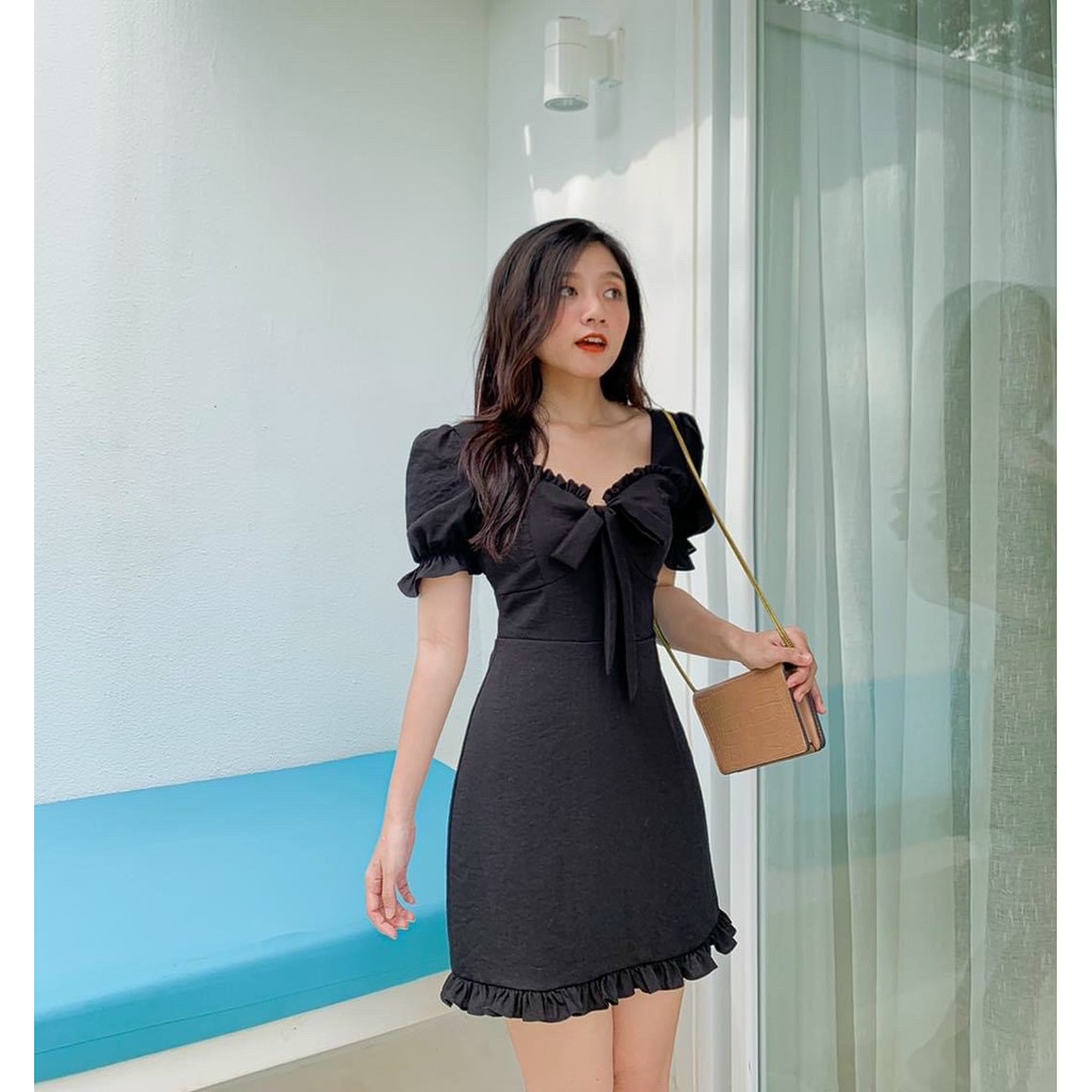 Đầm viền bèo nơ cổ 3 màu