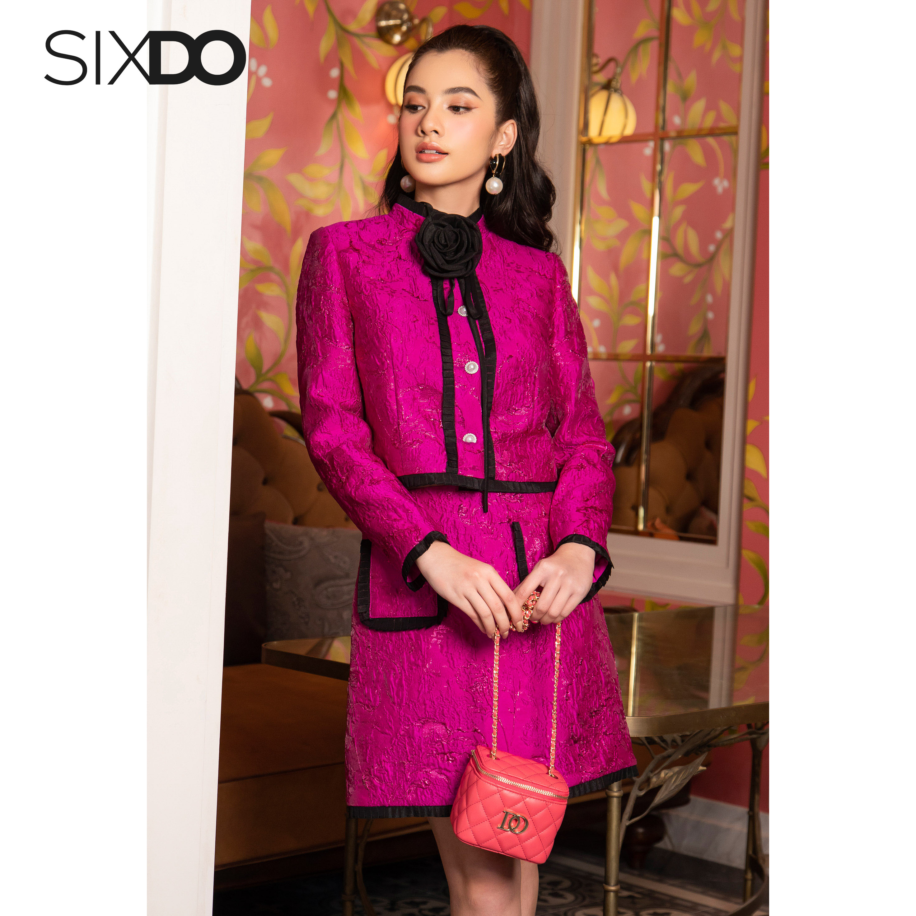 Chân váy gấm phối túi hai bên SIXDO (Murrey Mini Brocade Skirt)