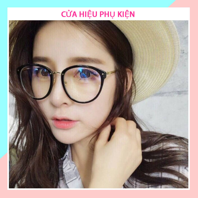 Kính không độ nam nữ thời trang mắt tròn Hàn Quốc chống tia UV, mắt kính không độ bảo vệ mắt chống ánh sáng xanh có thể thay được tròng cận gọng kính bằng kim loại chắc chắn 019