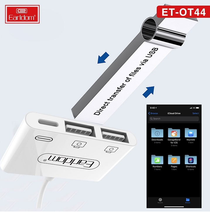 Cáp OTG Lightning sang 2 cổng USB và 1 cổng Lightning cho iPhone, iPad Earldom OT-44
