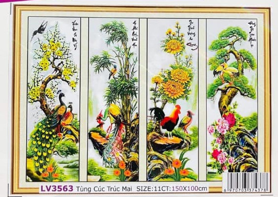 (xả kho tranh chưa thêu) Tranh thêu chữ thập tứ quý tùng cúc trúc đào 136x90 cm