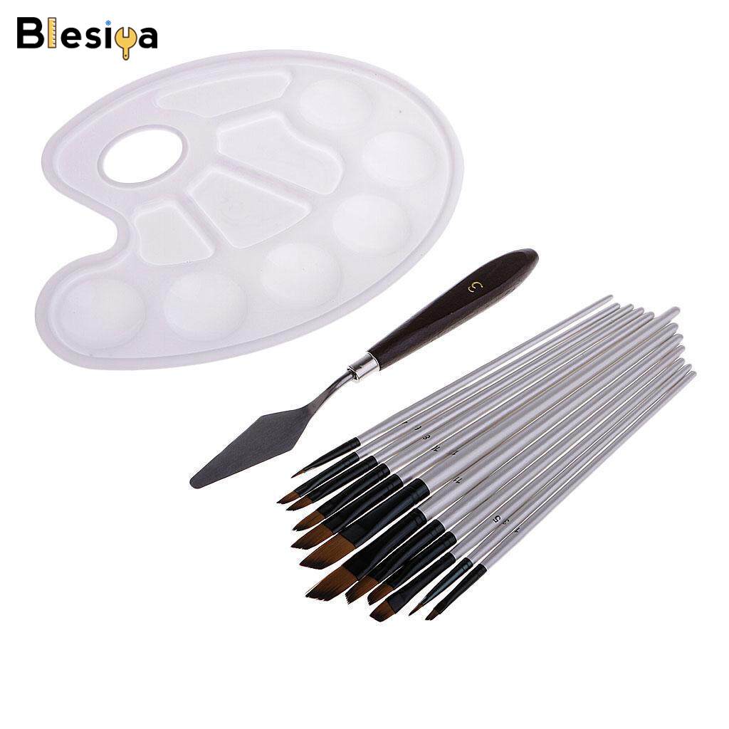 Blesiya 12Pcs Acrylic Watercolor Oil Painting Brushes+Palette+Color Mixing Cutter