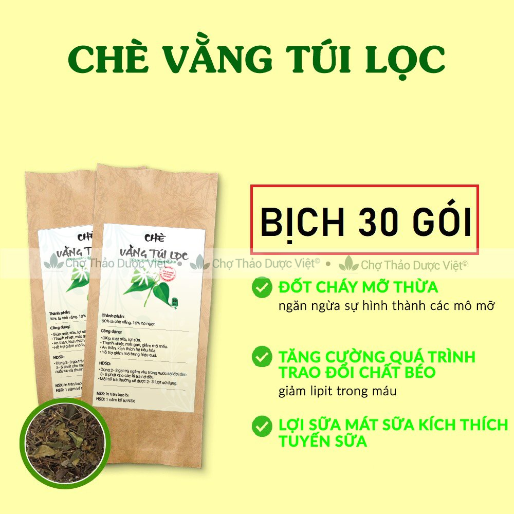 Chè vằng túi lọc, bịch 30 túi x 3g, trà vằng lá sẻ, trà vằng, giúp thanh nhiệt, lợi sữa
