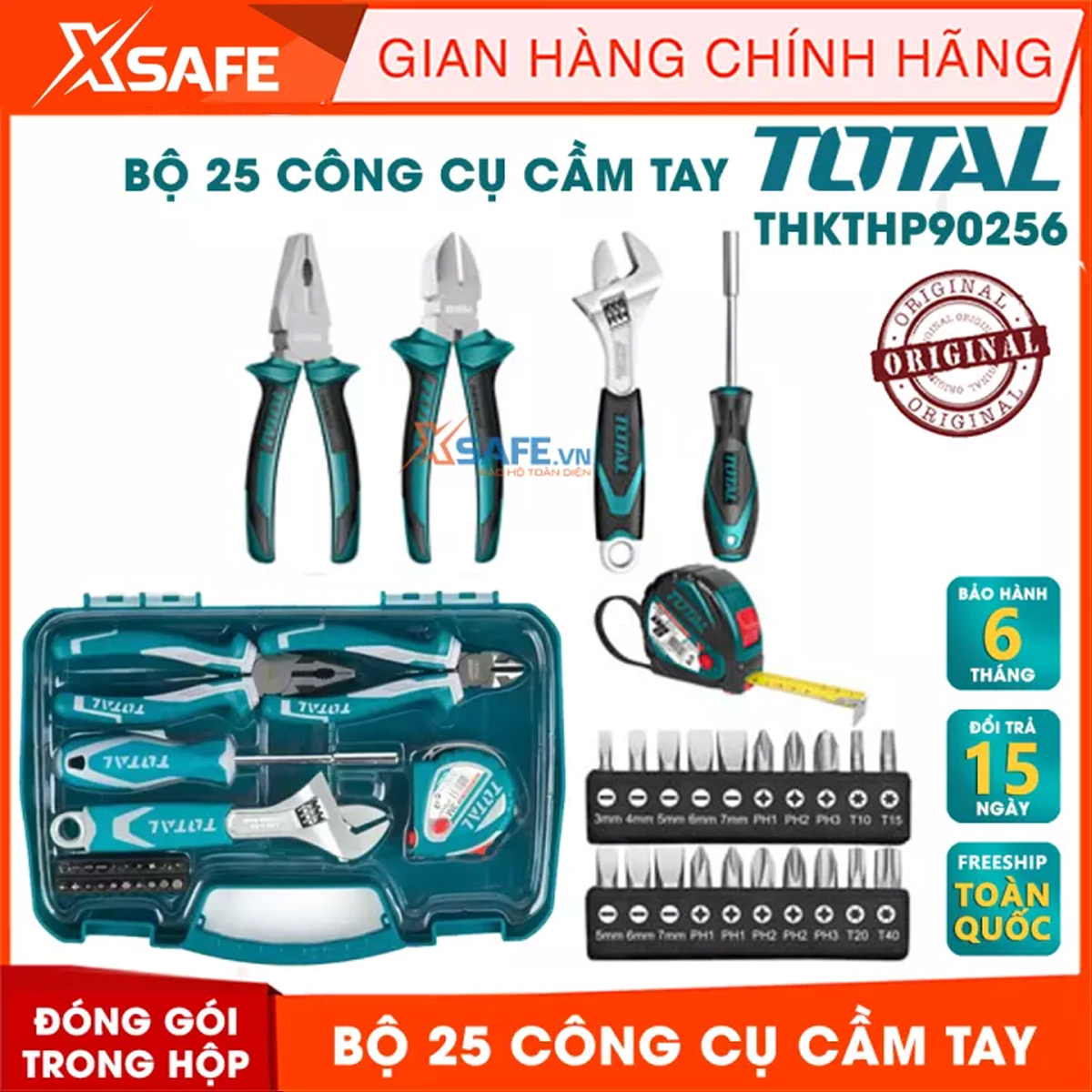 Kits 25 details Total THKTHP90256 suitable for engineering, construction, people dụng1 piece alkaline combination 7 ", 1 Alkaline cut Cross 6", 1 set adjustable 8 ", 1 tape measure, 1 shank with magnet 100mm 20 head screw-