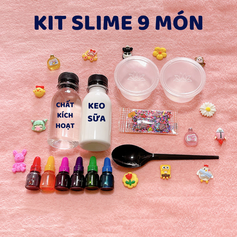 Bộ Kit Làm Slime 9 Món - Tặng Kèm Charm Cốm - Nguyên Liệu Làm Slime