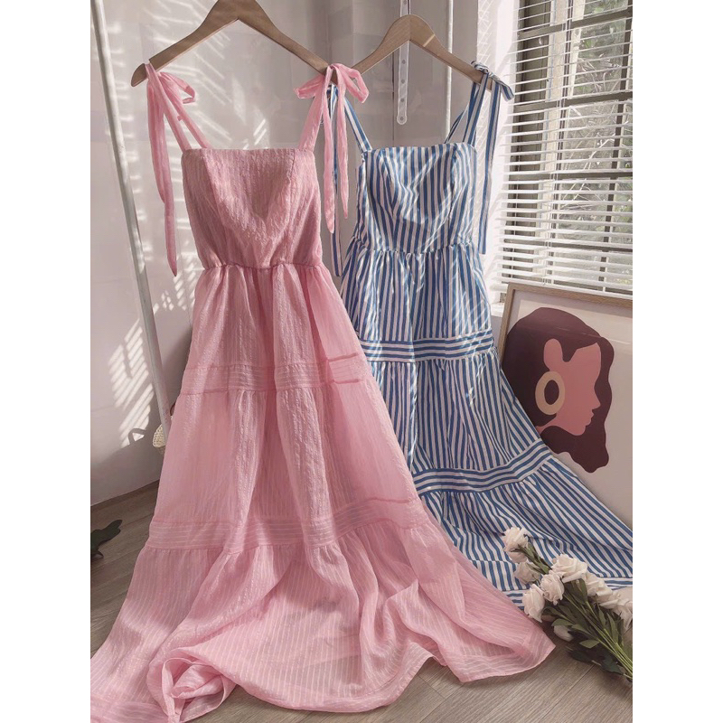 Đầm maxi kẻ sọc 2 dây cột nơ vai