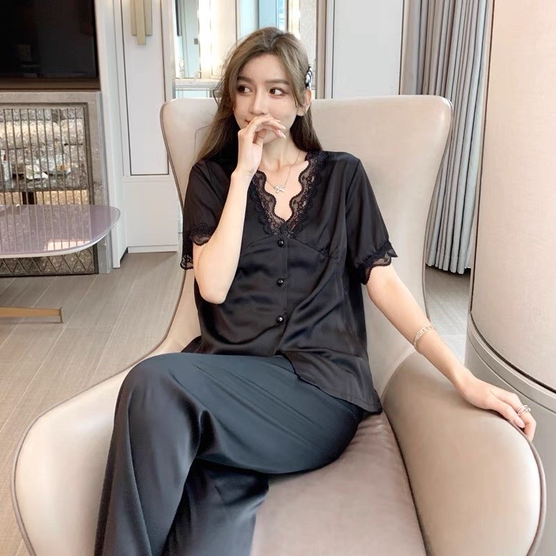 Bộ ngủ lụa quần dài áo cộc Lamy Nacy, bộ pijama lụa cao cấp