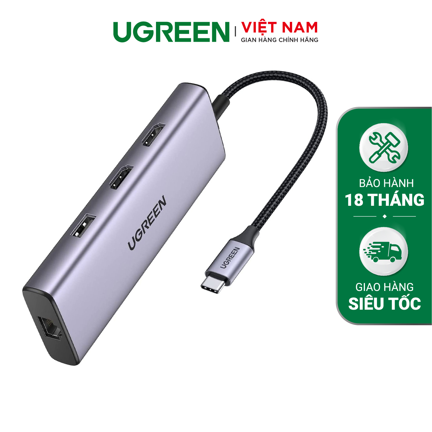 Bộ chuyển type c ugreen cm490, hỗ trợ xuất 2 cổng hdmi+usb+lan gigabit+pd60w+sd/tf