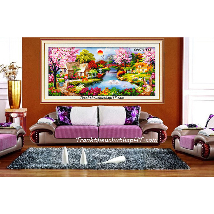 [HCM]Tranh đính đá phong cảnh Mùa xuân bên hồ 100x50cm - tự đính