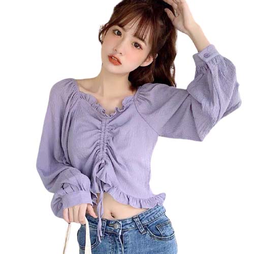 Áo kiểu nữ croptop rút dây giữa tay phồng cài nút cổ bèo thời trang mới Av 142
