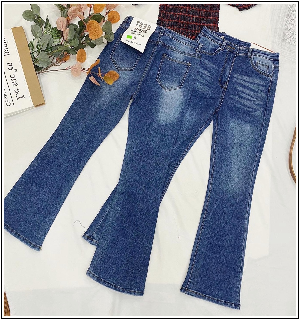 Quần jean nữ ỐNG LOE MÀU XANH VỪA LOANG VÂN chất jean co giãn tốt LOEVÂN-T s22-16