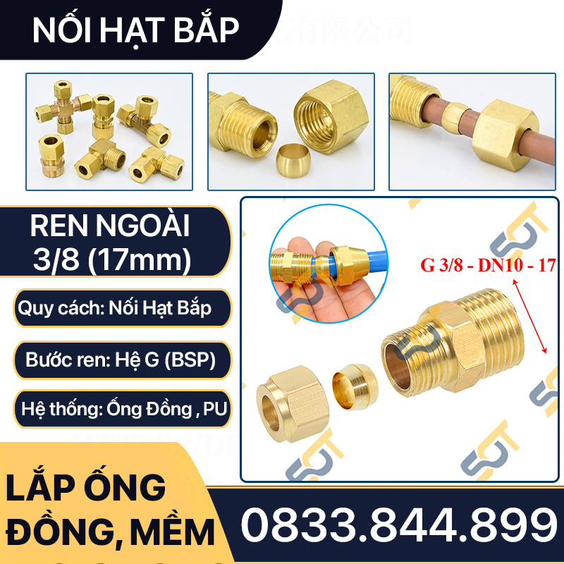 Đầu nối hạt bắp, bộ nối hạt bắp đồng thau ren ngoài 9.6 13 17 21 lắp ống đồng, ống mềm