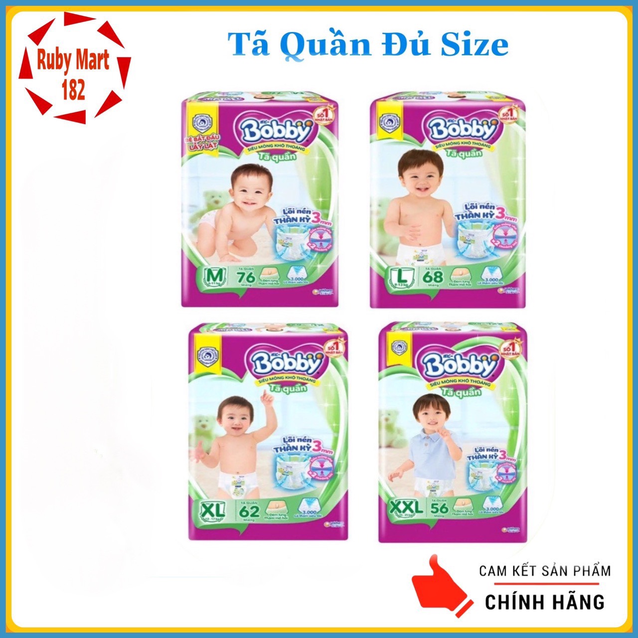 Bỉm tã quần Bobby size M76/L68/XL62/XXL56