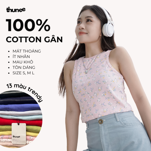 (nhiều màu) THUNEE Áo thun gân cotton ba lỗ nữ