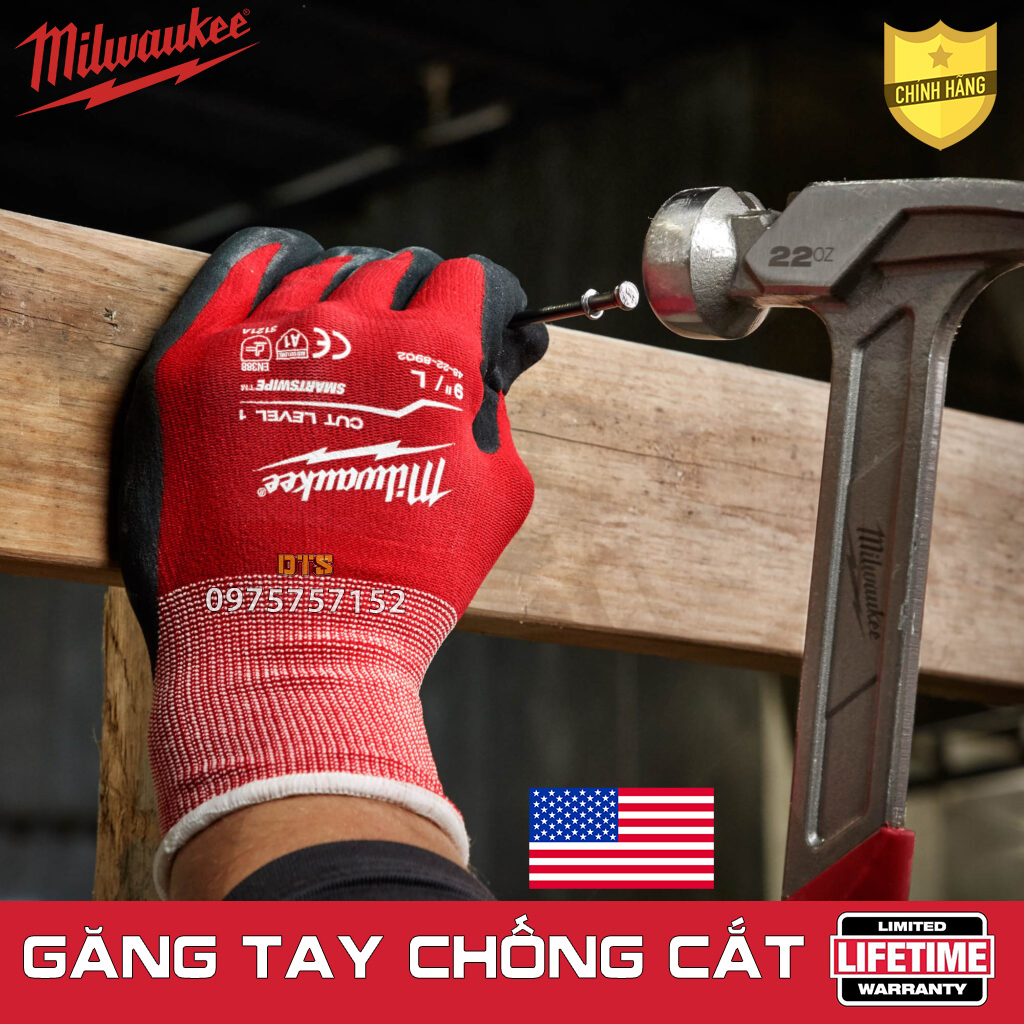 Găng tay chống cắt Milwaukee cấp độ 1 phủ PU Găng chống cắt, chống mài mòn, xé rách đâm xuyên, công nghệ SMARTSWIPE sử dụng được điện thoại, găng tay bảo hộ, bao tay bảo hộ lao động, bao tay chống cắt, găng tay lao động