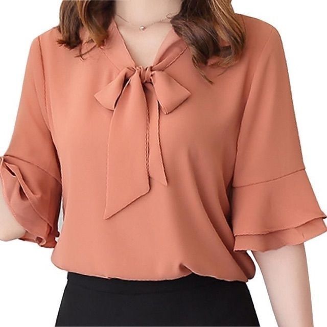 ZERASY - Áo voan tay bèo cổ thắt nơ dễ thương