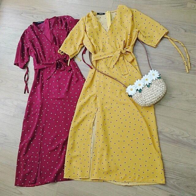 Đầm maxi chấm bi xẻ đùi vải lụa co giãn các màu - 086 - MultiColor Maxi Dress