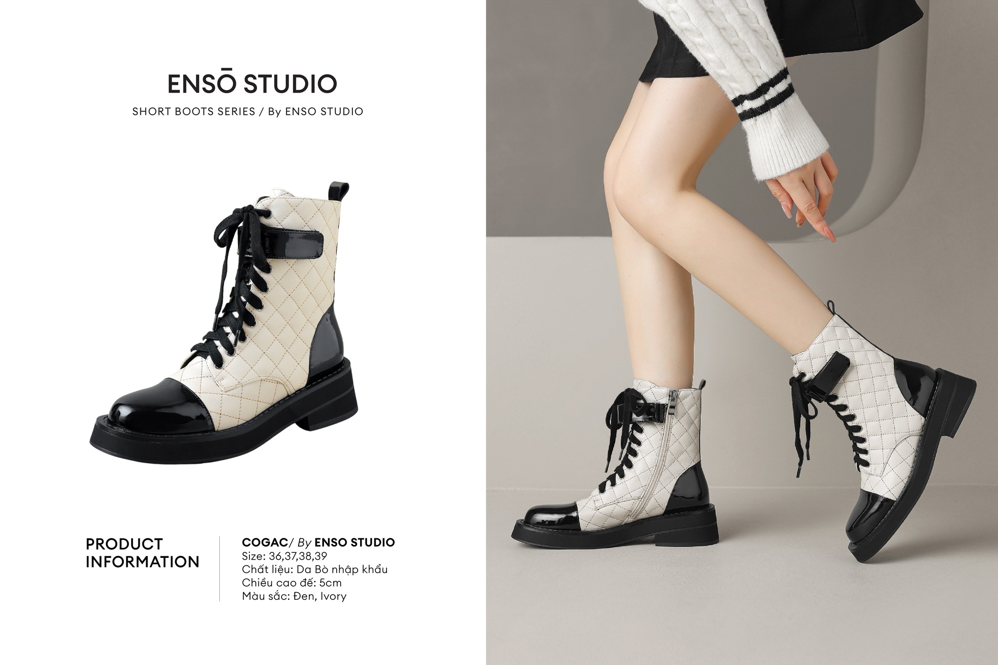 ENSo - Boots Da Thật Màu Trắng Mix Đen COGAC Đế Cao 5 cm