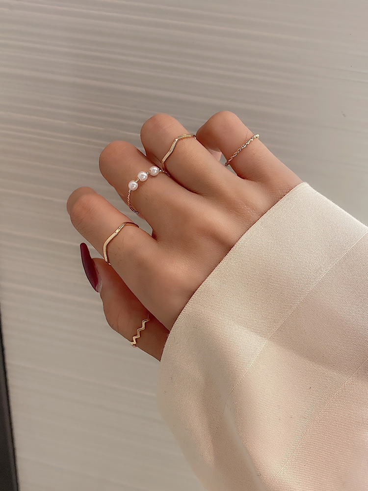 [ Free Size ] Set 5 Nhẫn Đính Ngọc Trai Phong Cách Hàn Quốc Màu Vàng Và Bạc Basic