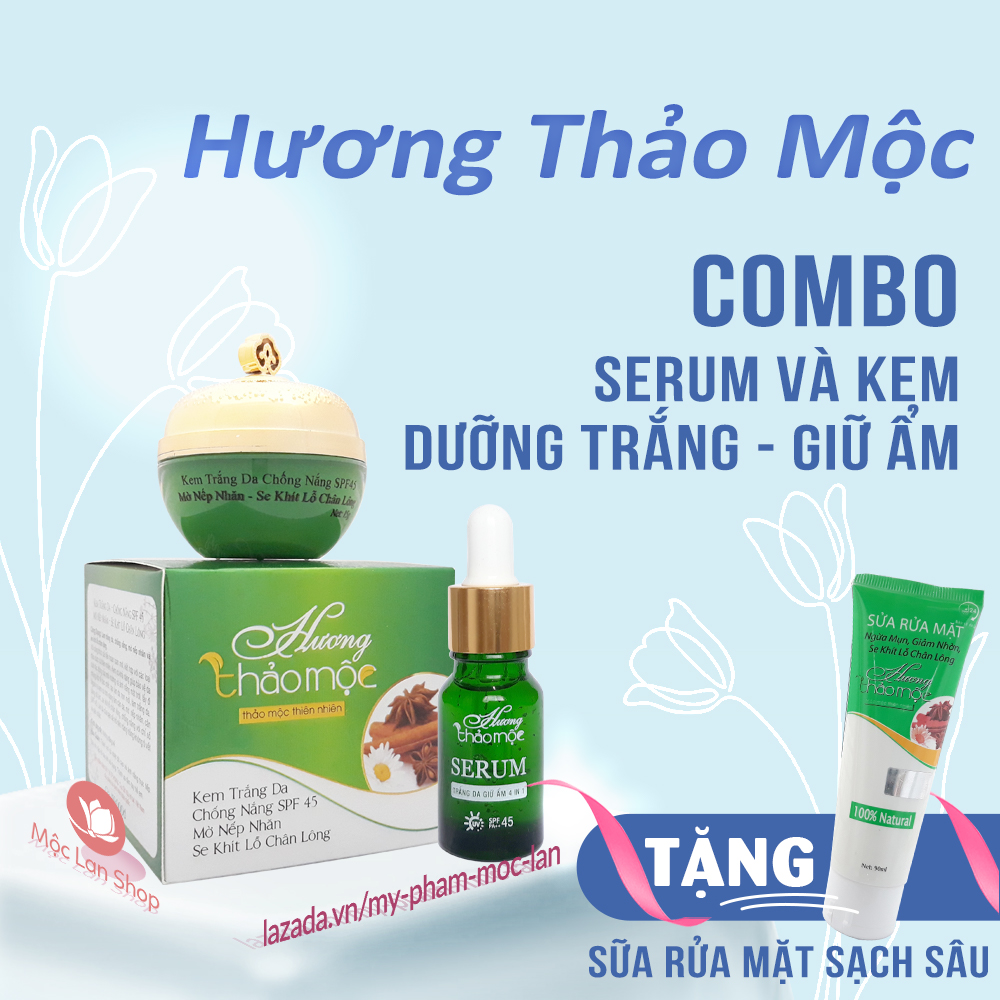 Bộ kem trắng da dưỡng ẩm se khít lỗ chân lông chống nắng SPF 45 chống lão hóa Hương Thảo Mộc gồm kem và serum tặng sữa rửa mặt - Mỹ phẩm Mộc Lan