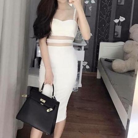 đầm body hở eo phối voan sexy