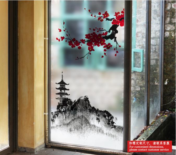 [HCM]Decal Dán Kính Cao Cấp - Tháp Núi và Cành đào đỏ( 60 X116 )-DK1057