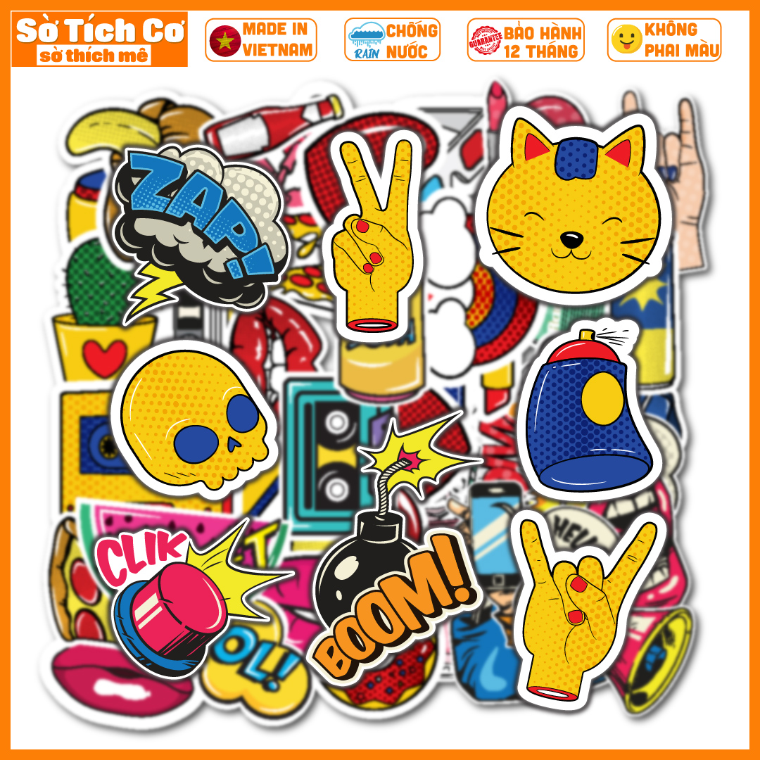 Bộ 50 Sticker hình dán Pop Art dán laptop, điện thoại, mũ bảo hiểm. MSP: V21