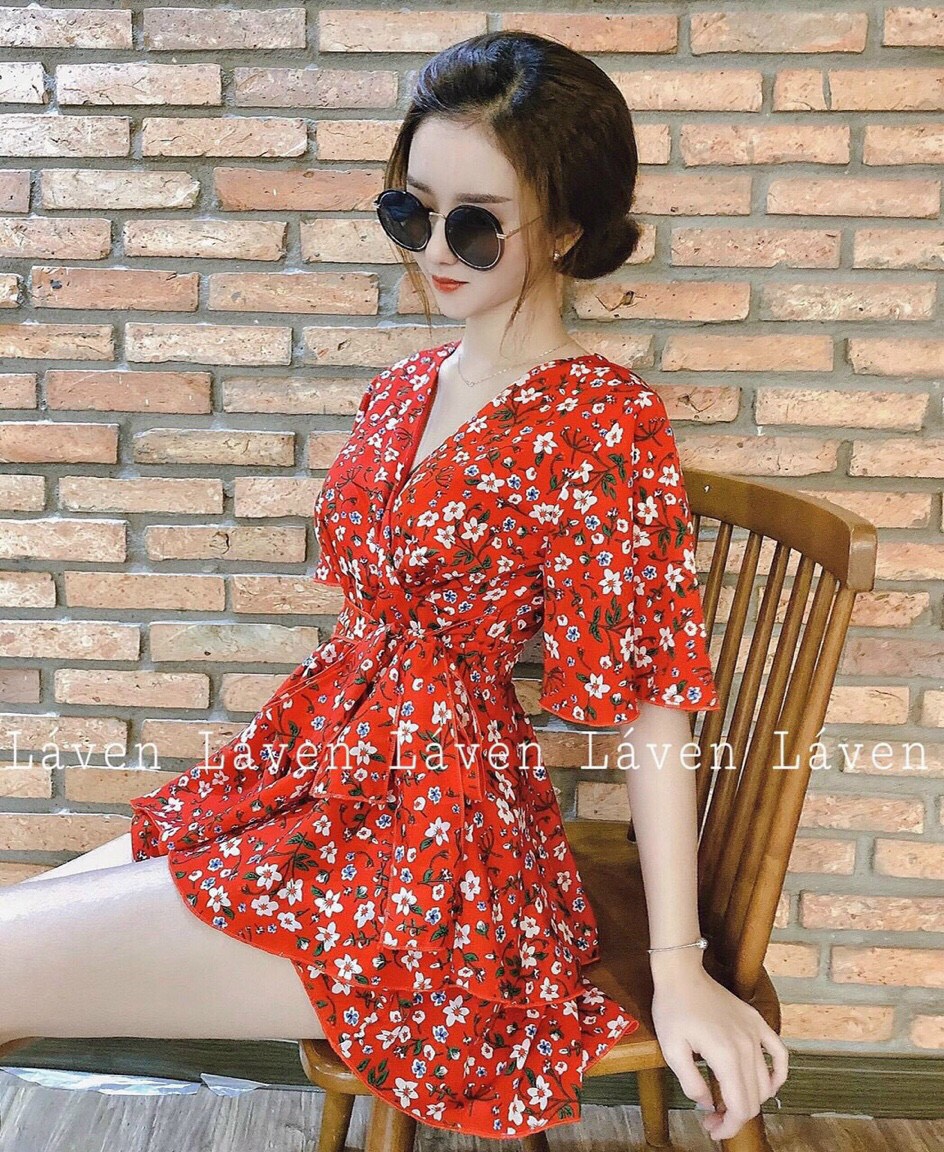 Đầm Lụa hoa Cổ V Cột Nơ Eo Belle Fashion