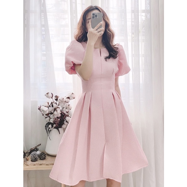 Đầm xốp dáng xoè tay phồng Nâu/Đen/Hồng/Trắng/Xanh