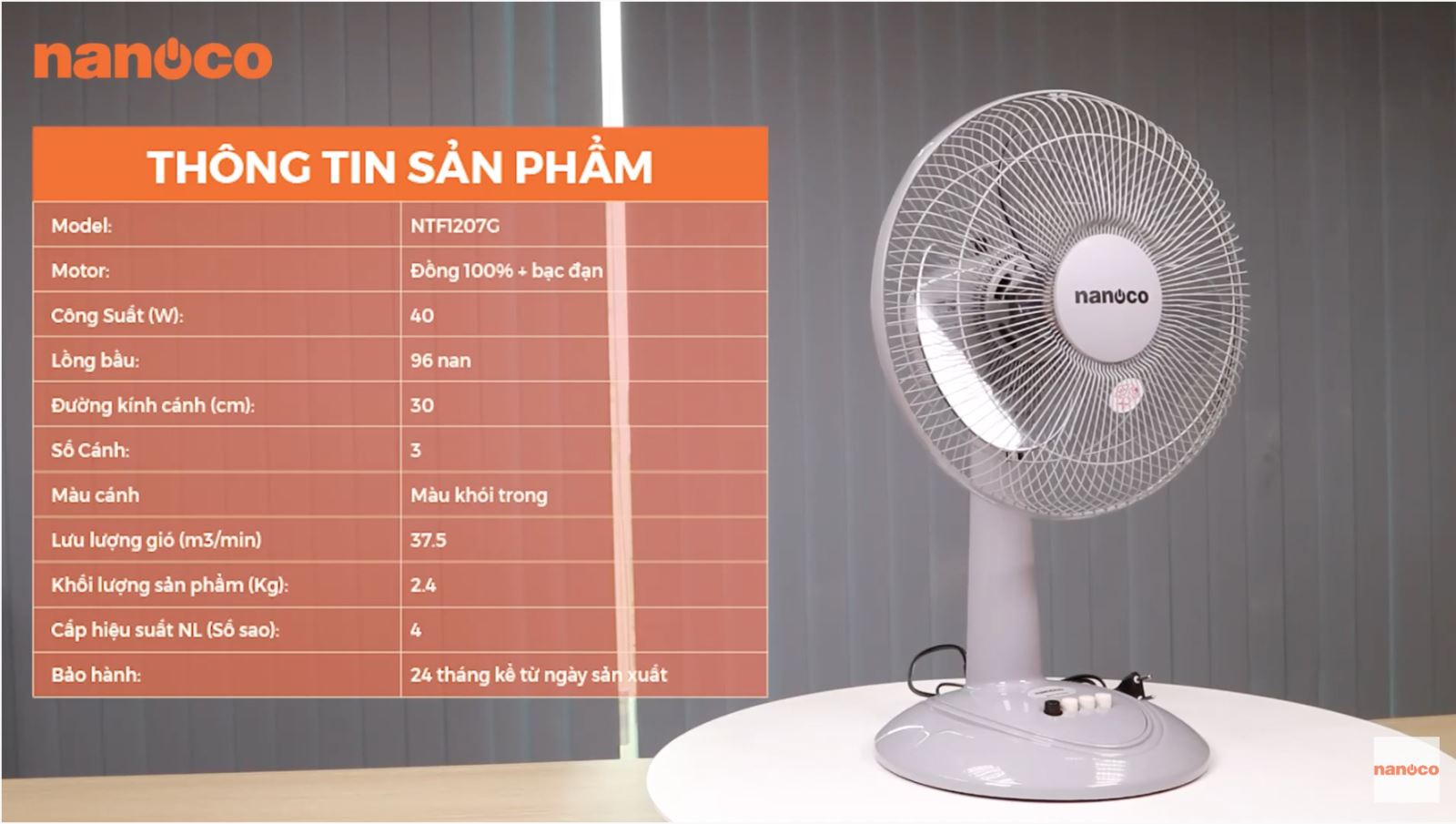 [GIAO TẠI HCM] - Quạt bàn Nanoco NTF1207G (Màu xám)