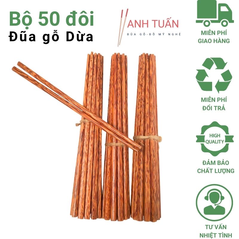 [Giá tận xưởng] Bộ 50 đôi đũa ăn cơm cao cấp đũa ăn gỗ DỪA loại 1, đũa đẹp tự nhiên không hoá chất, không cong vênh, chống mốc, kháng khuẩn