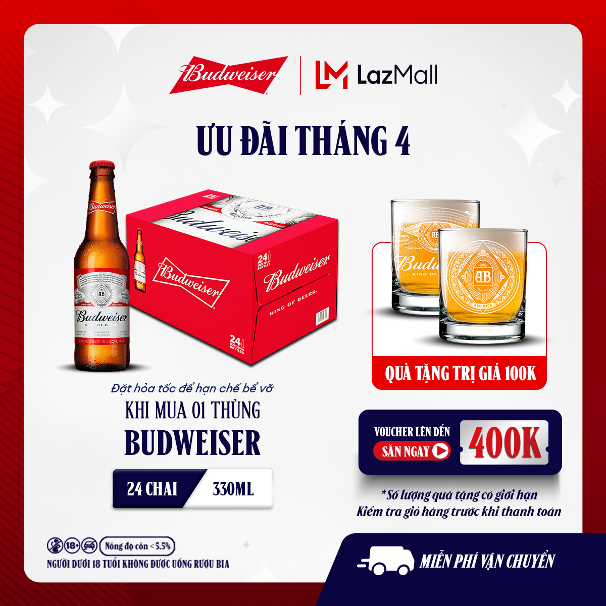 Thùng 24 Chai Bia Budweiser Chính Hãng (330ml/chai)