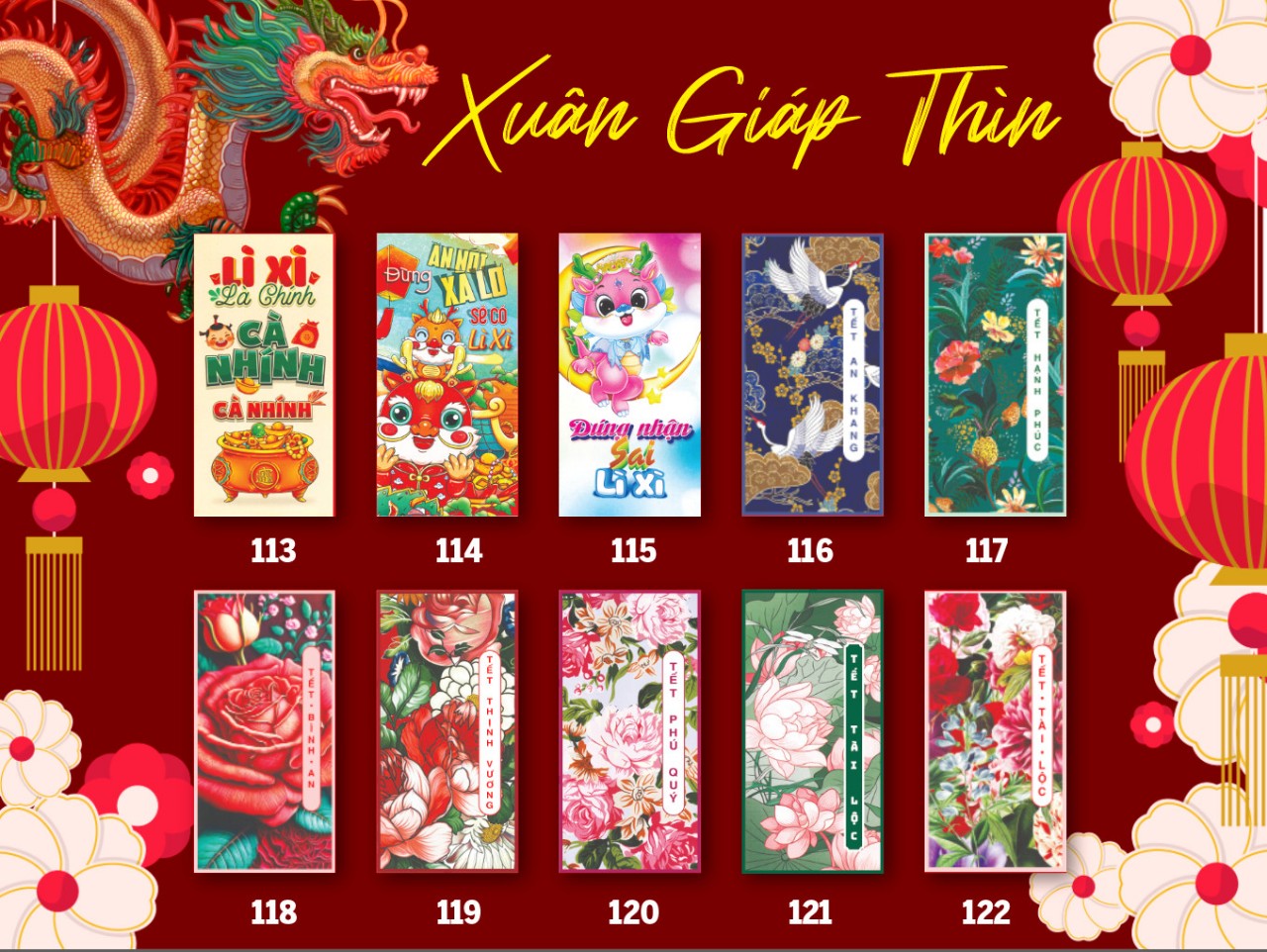COMBO 10 BAO LÌ XÌ TẾT 2024 KÈM TÚI BÓNG