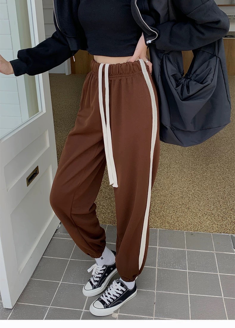Quần Jogger Nữ Nỉ Tăm Phối Sọc Siêu Ấm