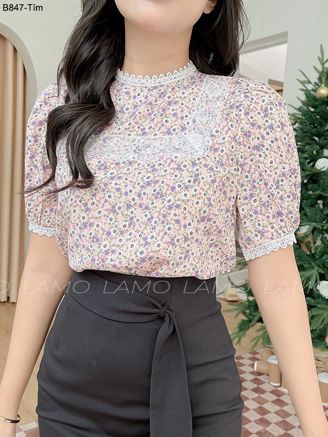 B847 ÁO SƠ MI HOA NHÍ VIỀN REN
